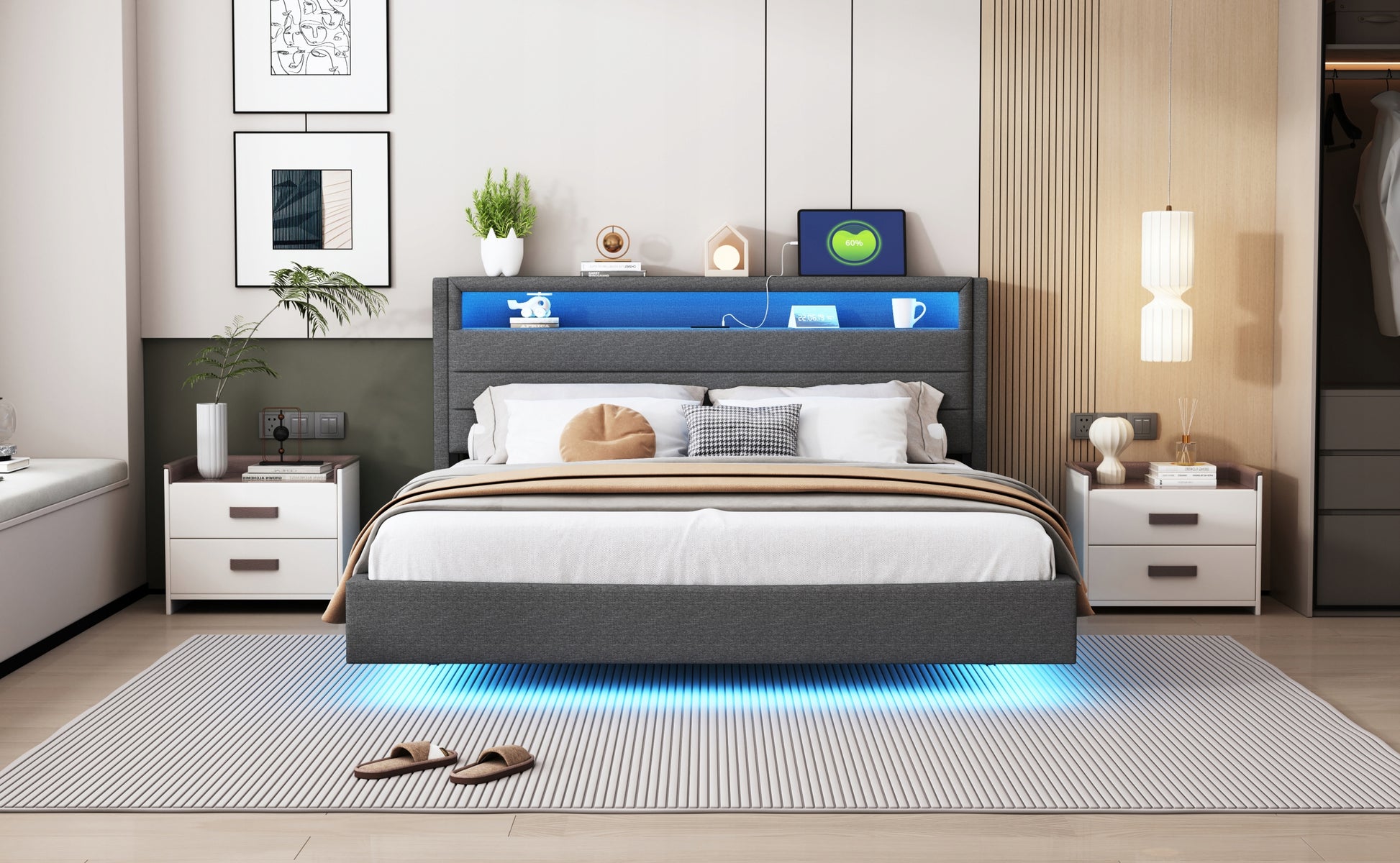 Letto imbottito 160x200 - Xylo - Grigio con USB e LED