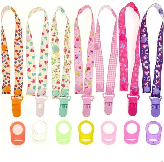 - 7 x Clip per leccasucchi in silicone multicolore per bambine + 7 x Clip per leccasucchi con cinturino per bambine - adatto per mamme allattanti