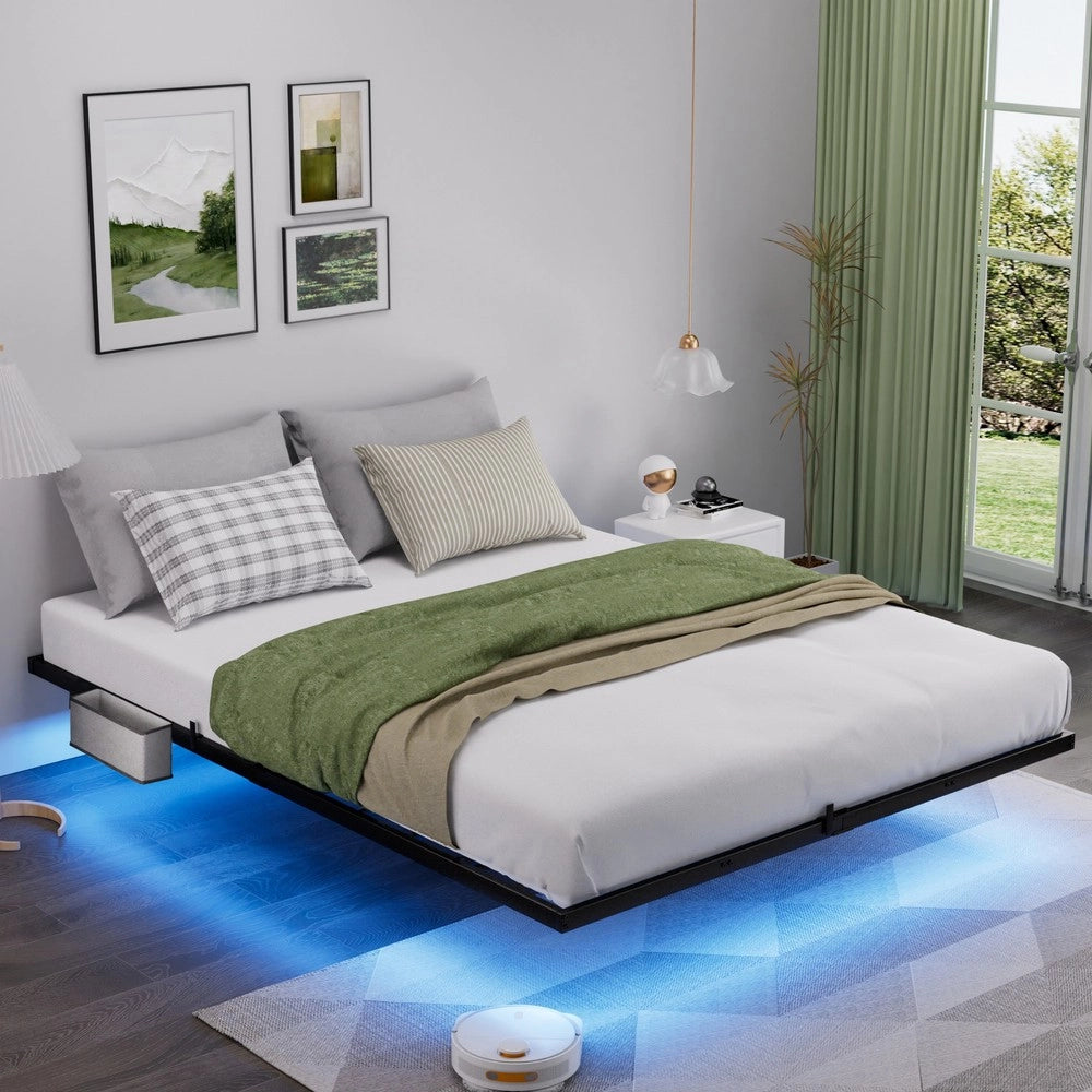 Letto Flottante in Metallo con LED ¨C MINIMAL ¨C Nero 140x200