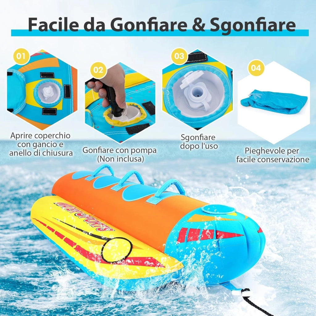 Gommone a Banana Gonfiabile per 3 Persone, Tubo Trainabile per Sport Acquatici e Nautici, Gommone a Banana da Recreazione Acquatica con Scarico e Corda di Traino, Carico Massimo 231 kg