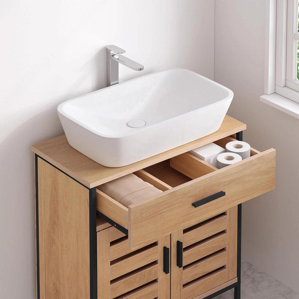 Mobiletto, Mobile Lavabo, Mobile Bagno, con 1 Cassetto Grande, 2 Ante a Ribalta, Ripiano Regolabile, MDF, 60x30x60cm, Rovere Chiaro