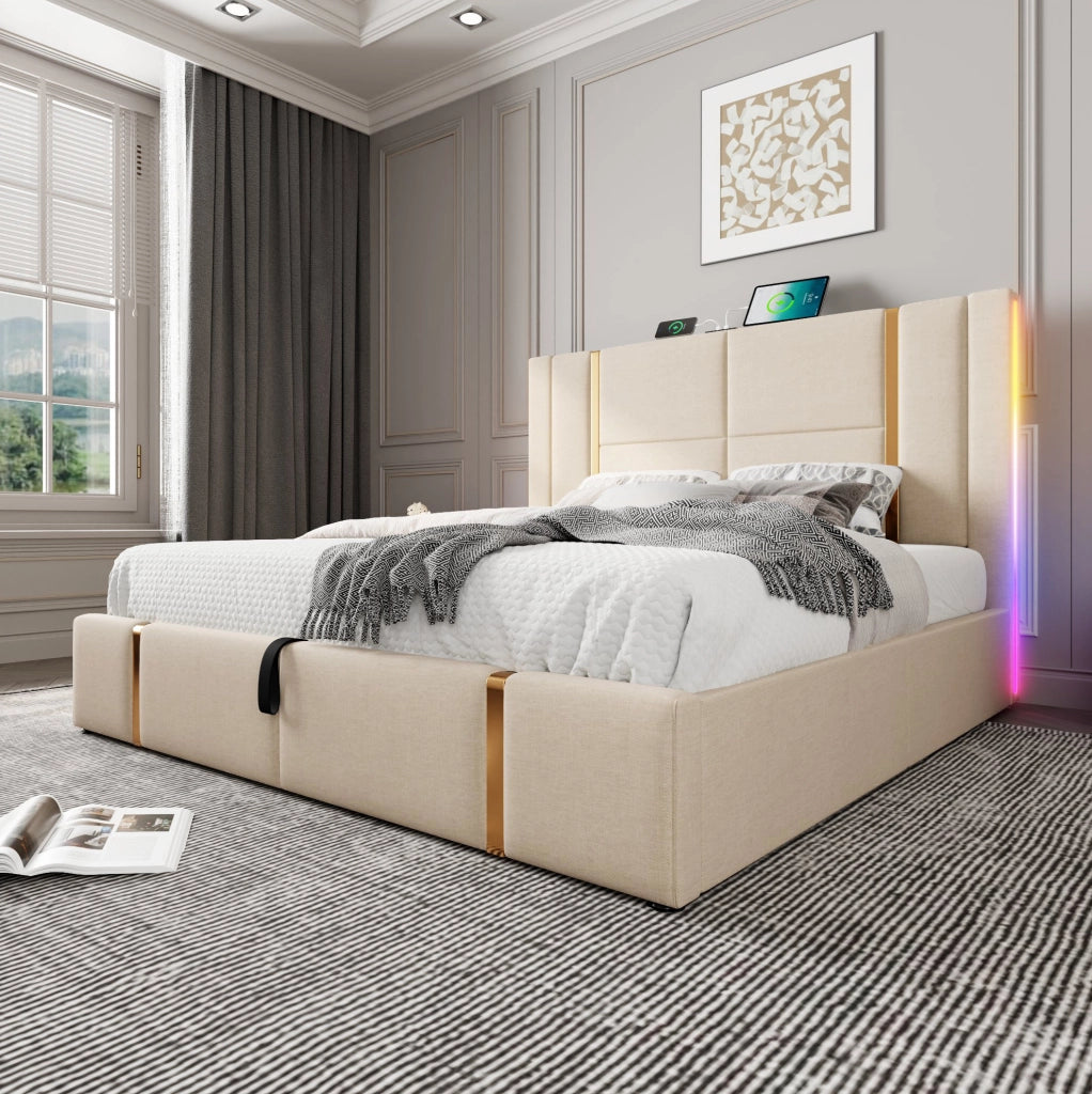 Letto imbottito 140×200 cm beige con LED RGB, ricarica USB-C e vano contenitore