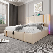 Letto imbottito 140×200 cm beige con LED RGB, ricarica USB-C e vano contenitore