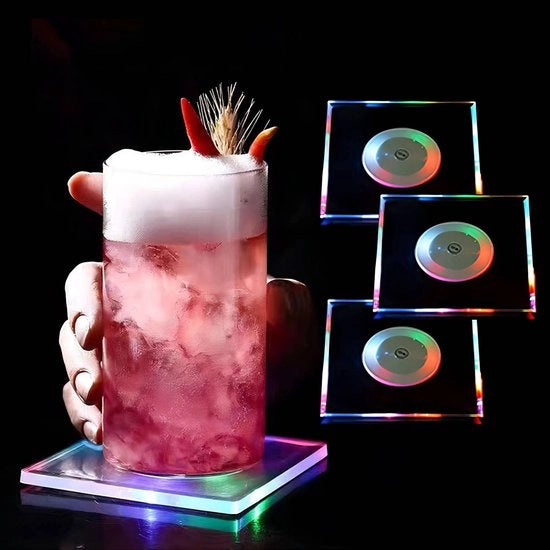 Pacco di 3 sottopiani LED colorati per bicchieri, Aan/uit sottopiani LED da buttare, sottopiani opacchi per bicchieri, sottopiani quadrati in acril per feste, matrimoni, bar, Natale