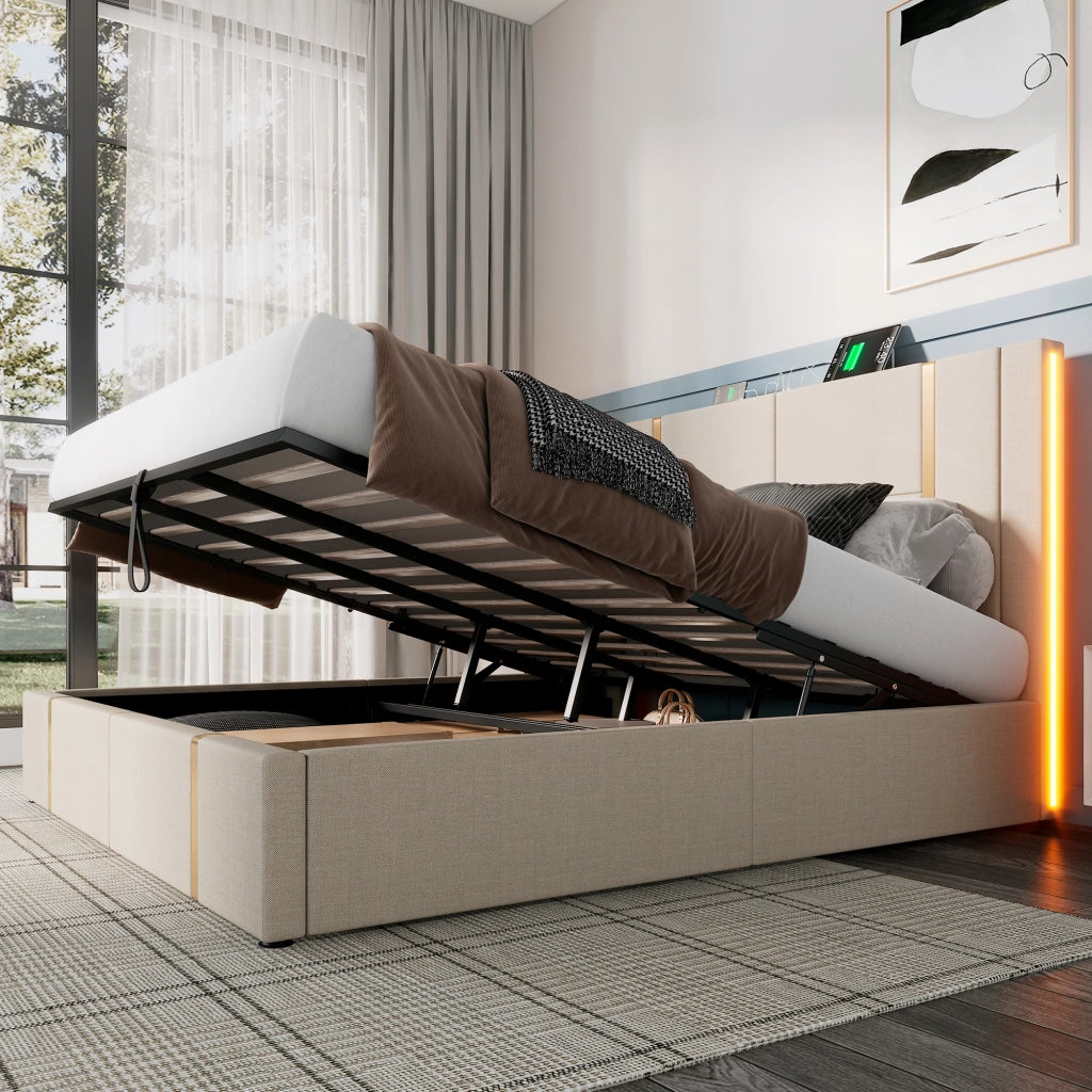 Letto matrimoniale imbottito 180x200 cm con LED RGB, porte USB e Type-C, contenitore rialzabile, beige