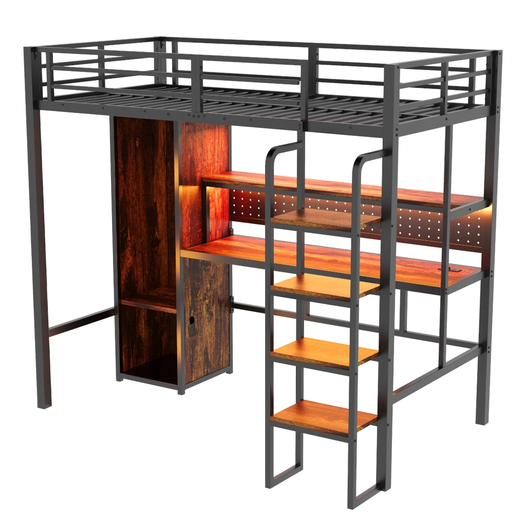 Letto a soppalco singolo 90×200 cm con scrivania; armadio; LED e ripiani; senza materasso; nero