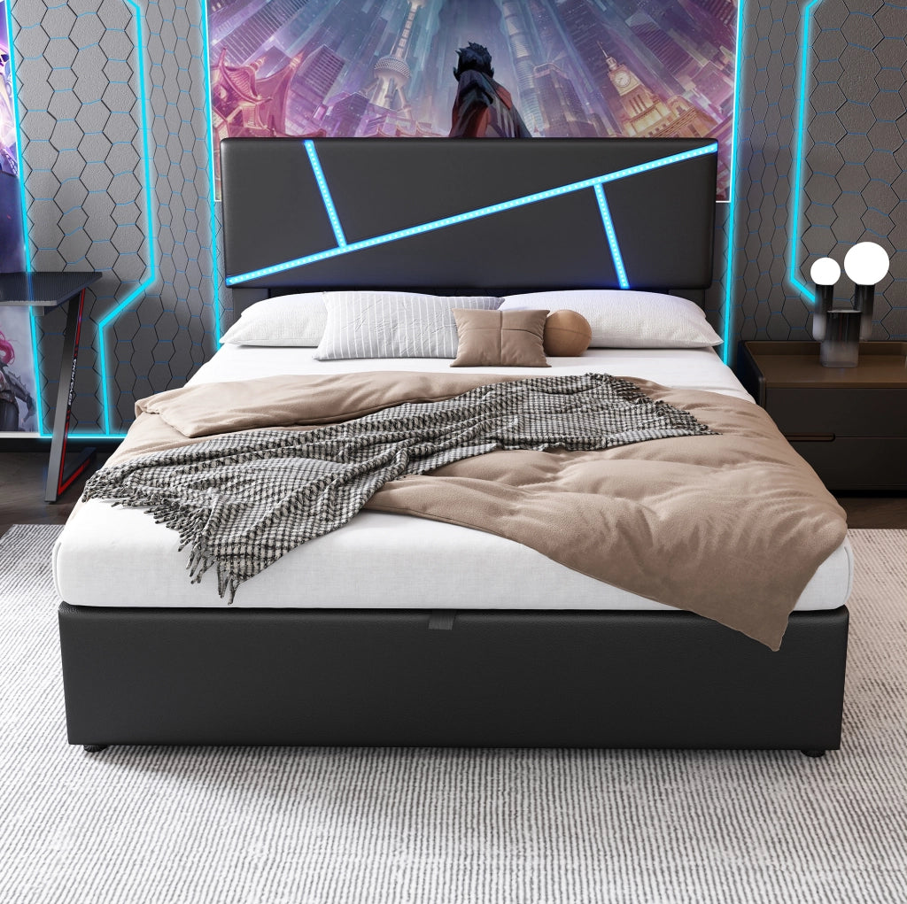 Letto matrimoniale 140x200 cm con contenitore e LED; rivestimento in PU; nero
