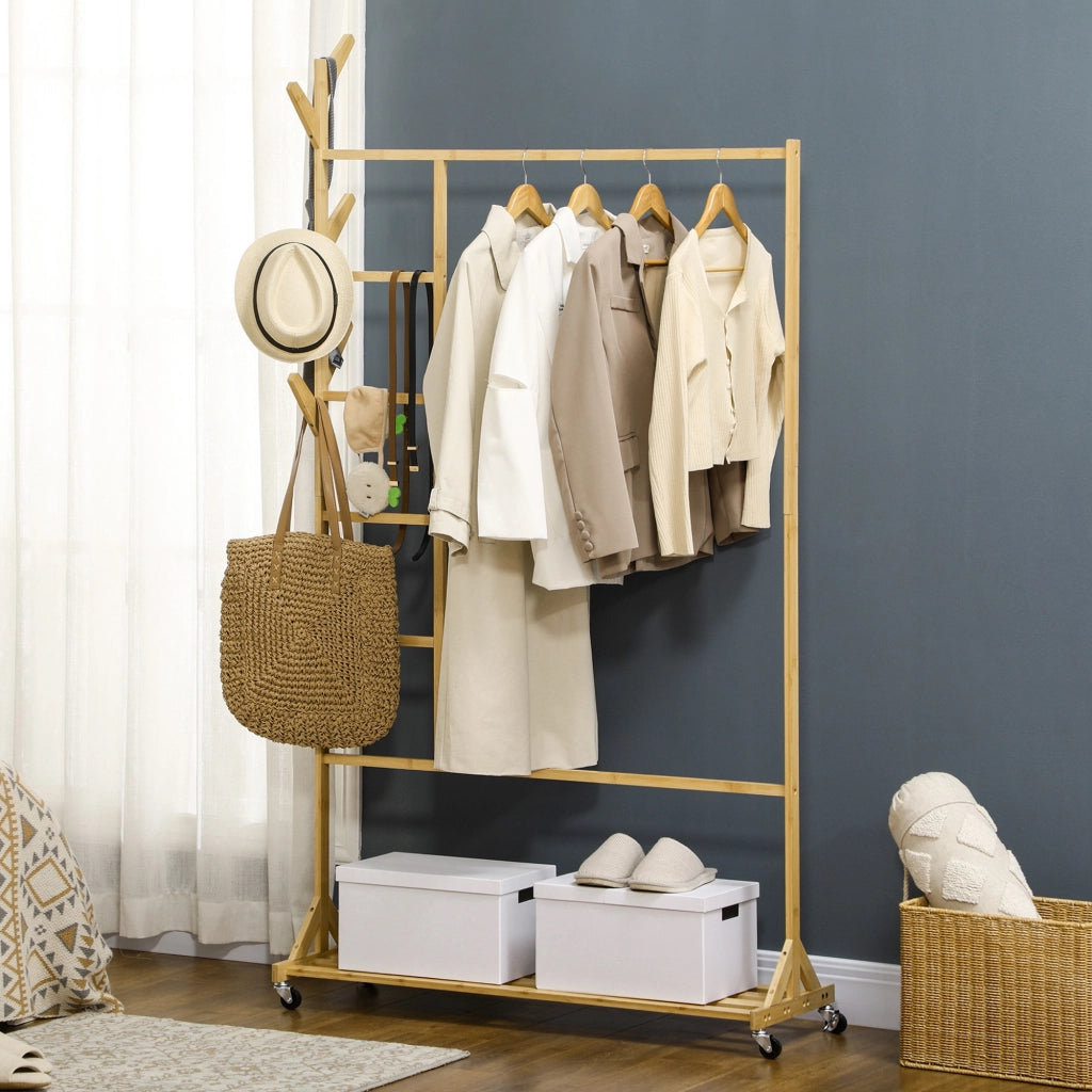 Appendiabiti a Ruote in Bamb¨´ ¨C Xylo ¨C 6 Ganci con Ripiano 100x37x191 cm Naturale