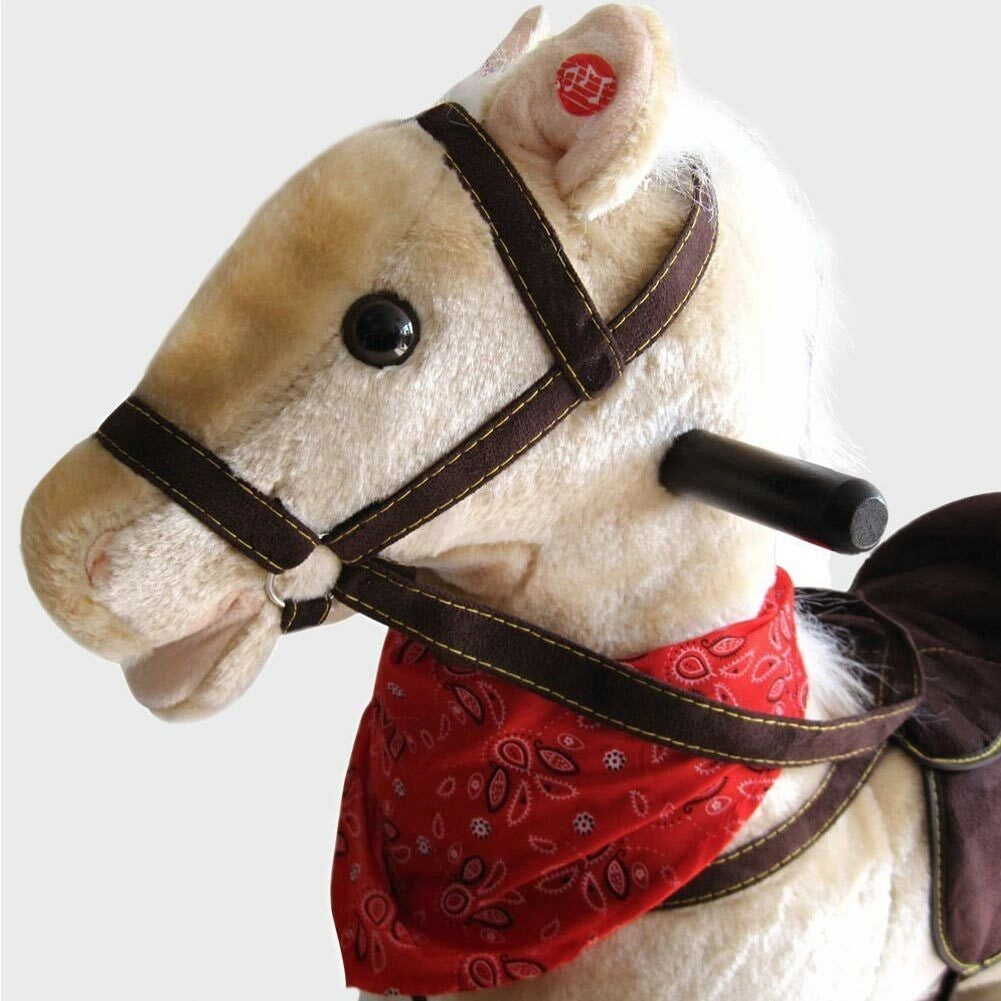 Cavallo a Dondolo Beige Con Suoni Realistici Legno e Peluche Bambini Infanzia