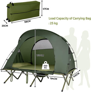 Tenda da Campeggio 4 in 1 con Letti, Copertura Esterna Impermeabile, Materasso a Gonfiaggio Automatico e Borsa di Trasporto con Rotelle, per Campeggio Arrampicata All'aperto Viaggio, Verde