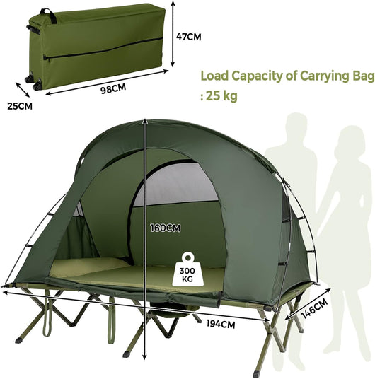 Tenda da Campeggio 4 in 1 con Letti, Copertura Esterna Impermeabile, Materasso a Gonfiaggio Automatico e Borsa di Trasporto con Rotelle, per Campeggio Arrampicata All'aperto Viaggio, Verde