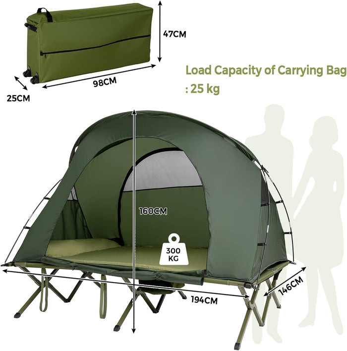 Tenda da Campeggio 4 in 1 con Letti, Copertura Esterna Impermeabile, Materasso a Gonfiaggio Automatico e Borsa di Trasporto con Rotelle, per Campeggio Arrampicata All'aperto Viaggio, Verde