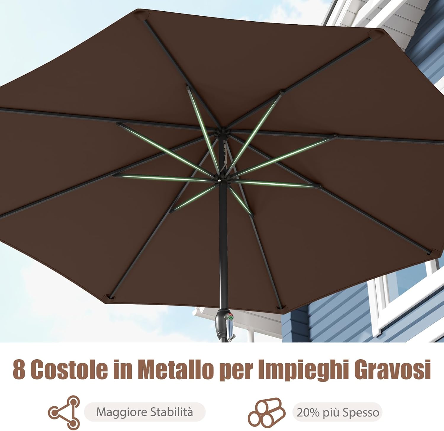 Ombrellone da Giardino da 260/360 cm, Ombrellone Parasole con Manovella, Ombrellone da Spiaggia con 8 Stecche, per Cortile Piscina Giardino (Caffè,260 cm)
