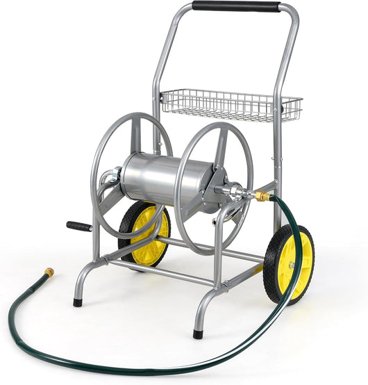 Carrello Avvolgitubo da Giardino, Capacità di 70 m per Tubi da 20 mm, Carrello per Tubo da Esterno in Metallo Robusto con 2 Ruote e Cestino Portaoggetti, per Giardino, Prato e Patio (Argento)