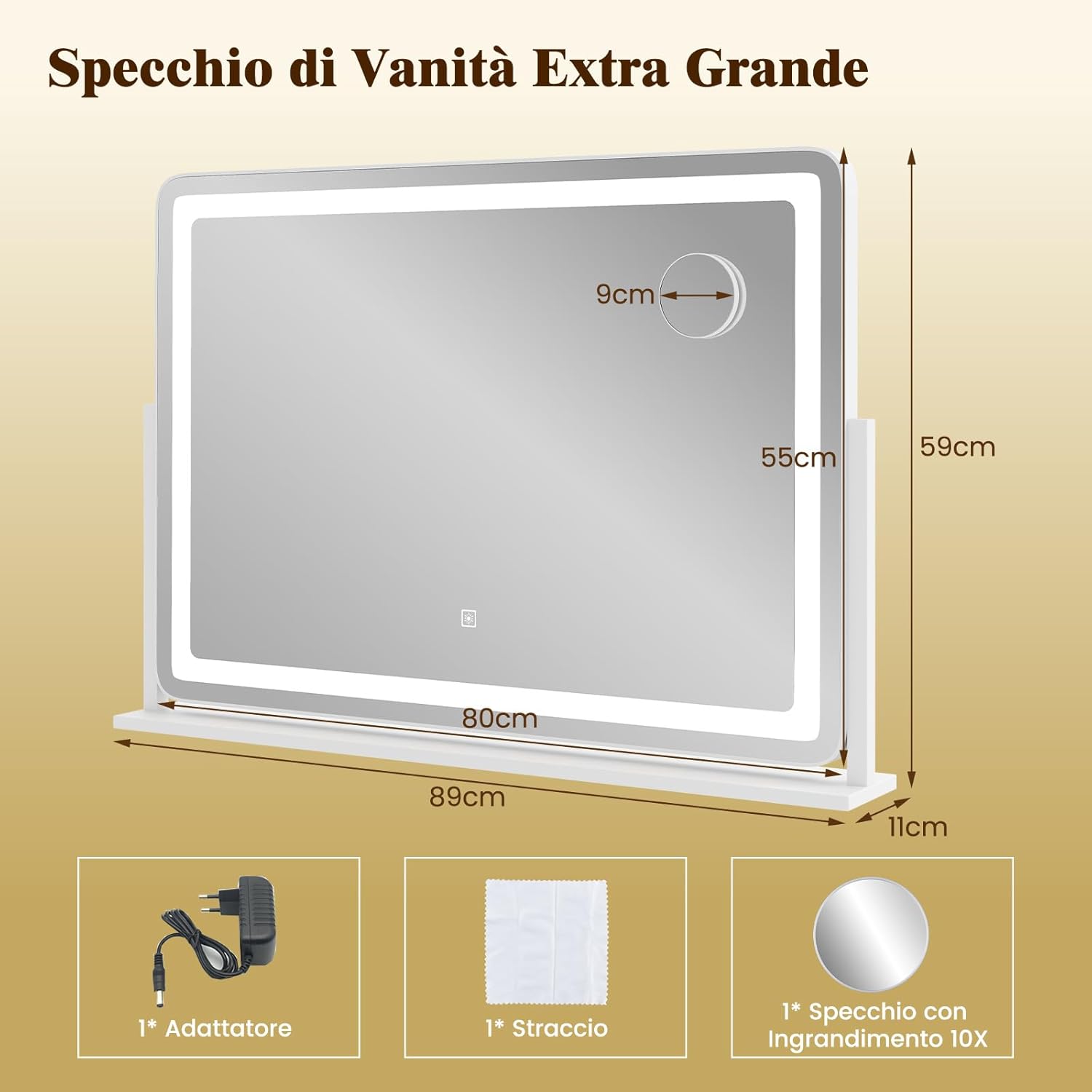 Speechio da Trucco con Luci Regolabile in Luminosit¨¤ e a 3 Colori, Specchio da Tavolo con Specchio Ingrendimento 10X, Specchio da Trucco a Rotazione, 80 x 55 cm, Bianco
