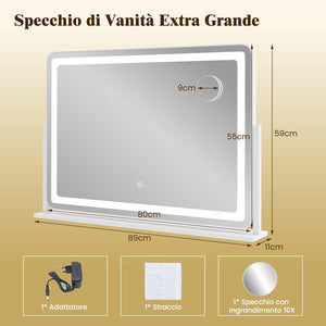 Speechio da Trucco con Luci Regolabile in Luminosit¨¤ e a 3 Colori, Specchio da Tavolo con Specchio Ingrendimento 10X, Specchio da Trucco a Rotazione, 80 x 55 cm, Bianco