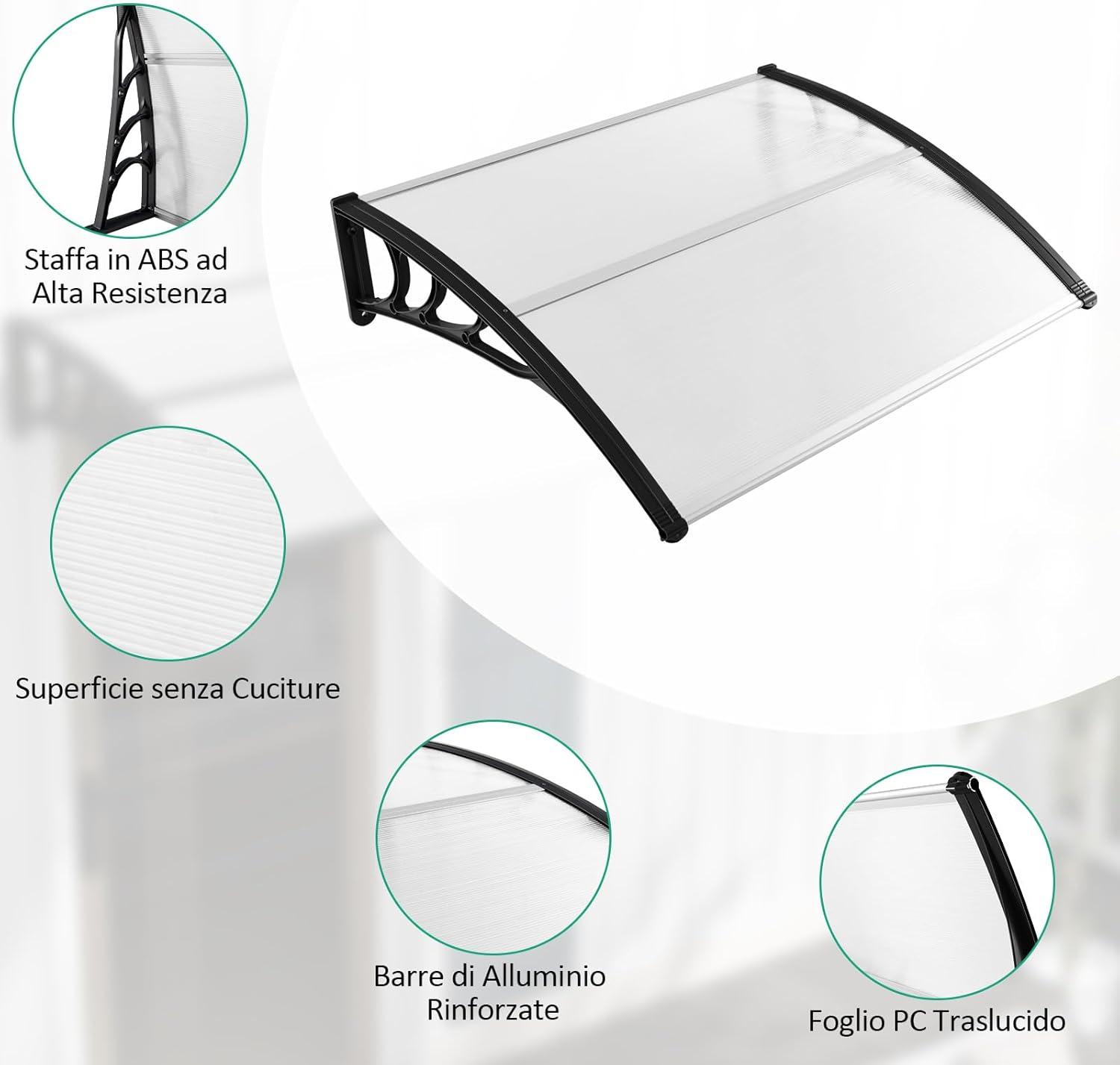 Tettoia per Porta Finestra, Pensilina Tettoia per Porta in Policarbonato, per Protezione da Sole, Pioggia, Neve, per Balcone, Finestre e Porte (Nero, 122 x 99 x 28cm)