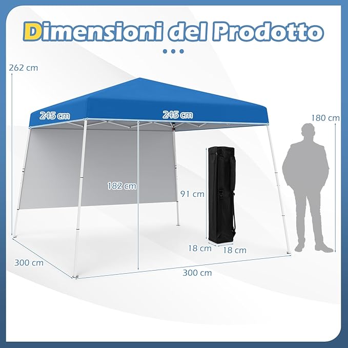 Gazebo Pop-up da Esterno 3 x 3 m, Gezebo Pieghevole con 1 Parete Laterale, Zaino Portatile e 4 Picchetti, Tendone Impermeabile e Resistente per Campeggio e Feste (Blu)