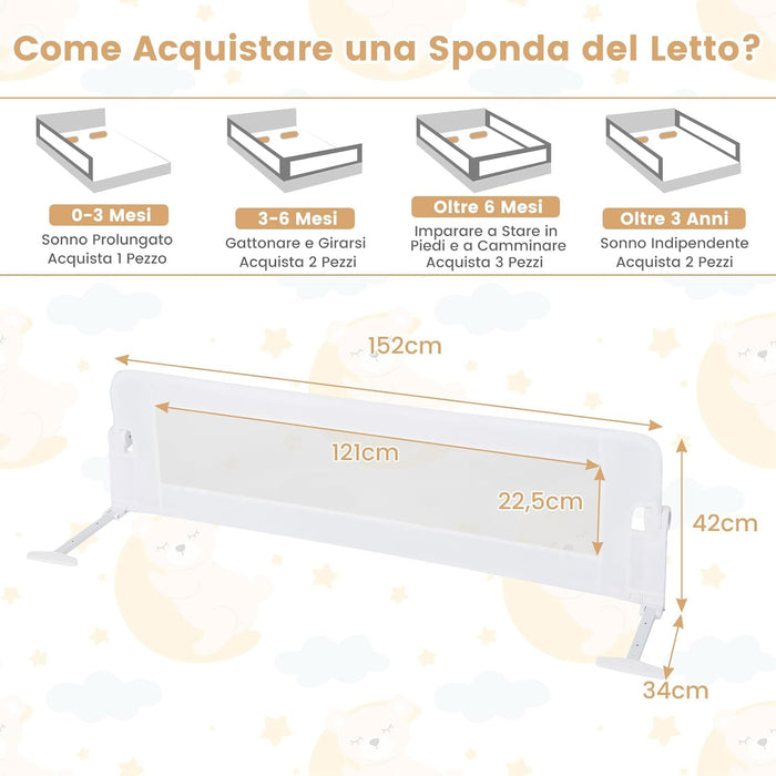 Sponda Letto per Bambini 105/120/150 cm, Barriera di Sicurezza per Neonati, Barriera Letto Pieghevole e Portatile, con Cinghia di Sicurezza (Bianco, 152 x 34 x 42 cm)