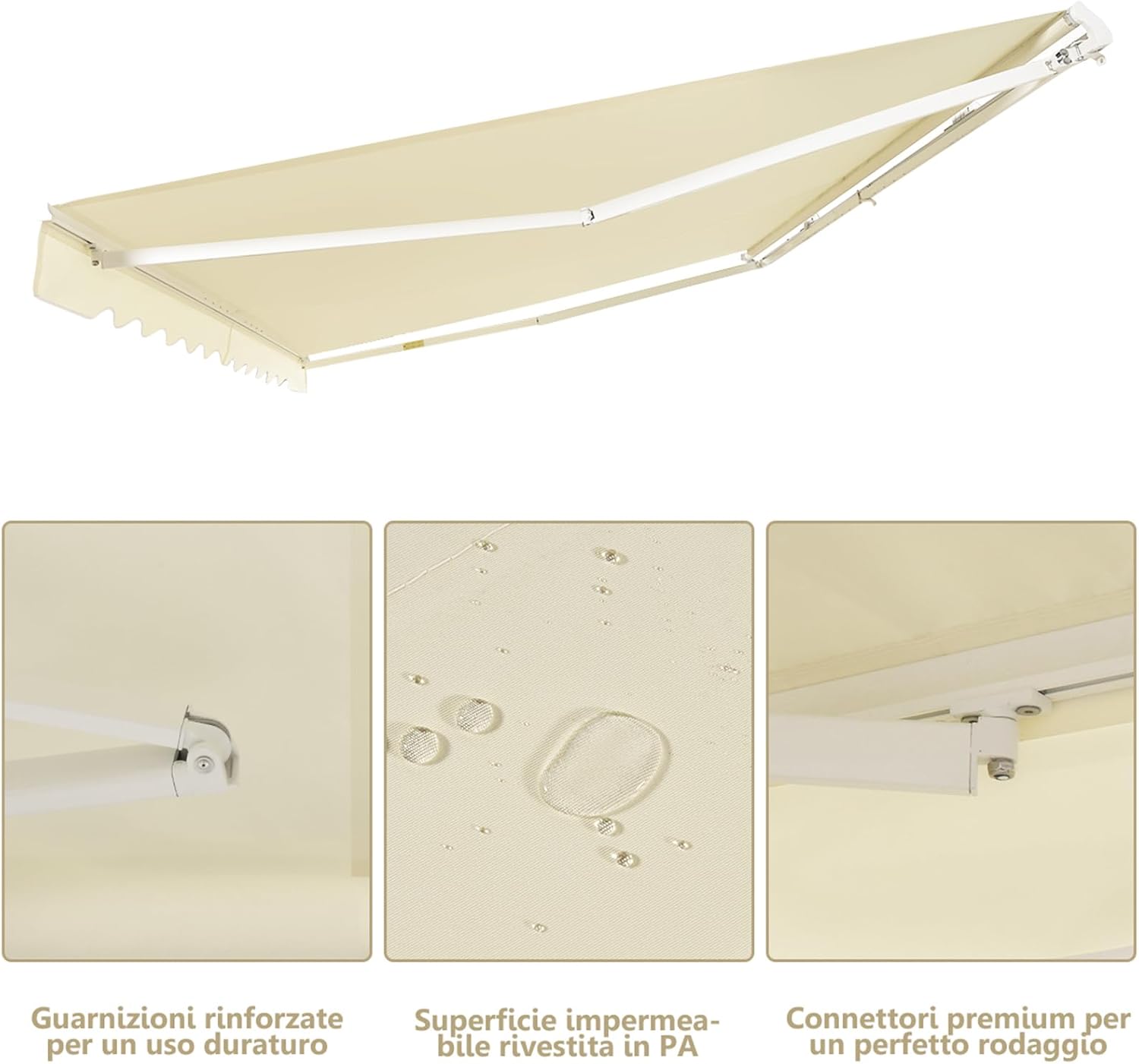 Tenda da Sole per Esterno Avvolgibile 3 x 2,5 M, Tenda da Sole a Bracci Estensibili con Telaio in Alluminio, Tettuccio Resistente al Sole e Impermeabile e Manovella (3 x 2,5 m, Beige)