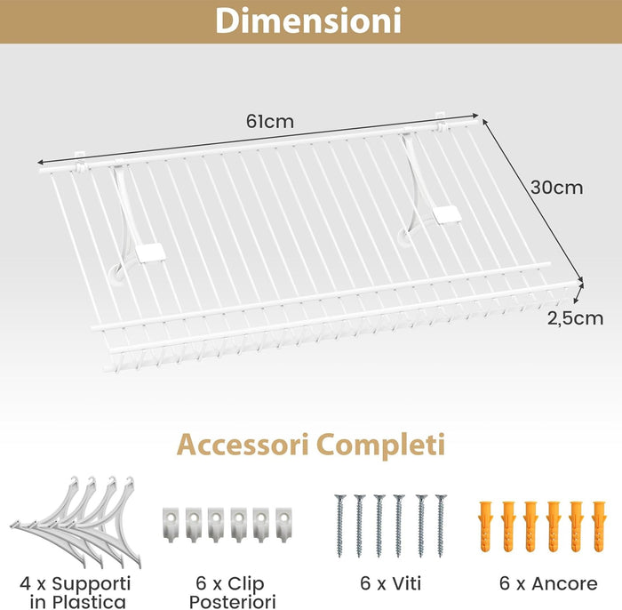 Set di 2 Scaffali a Muro, 61 cm Porta Scarpe in Metallo, Kit Organizzatore di Stoccaggio, 4 Supporti in PVC, Unità di Mensole Personalizzabile per Lavanderia Camera da Letto, 61x30x2,5 cm