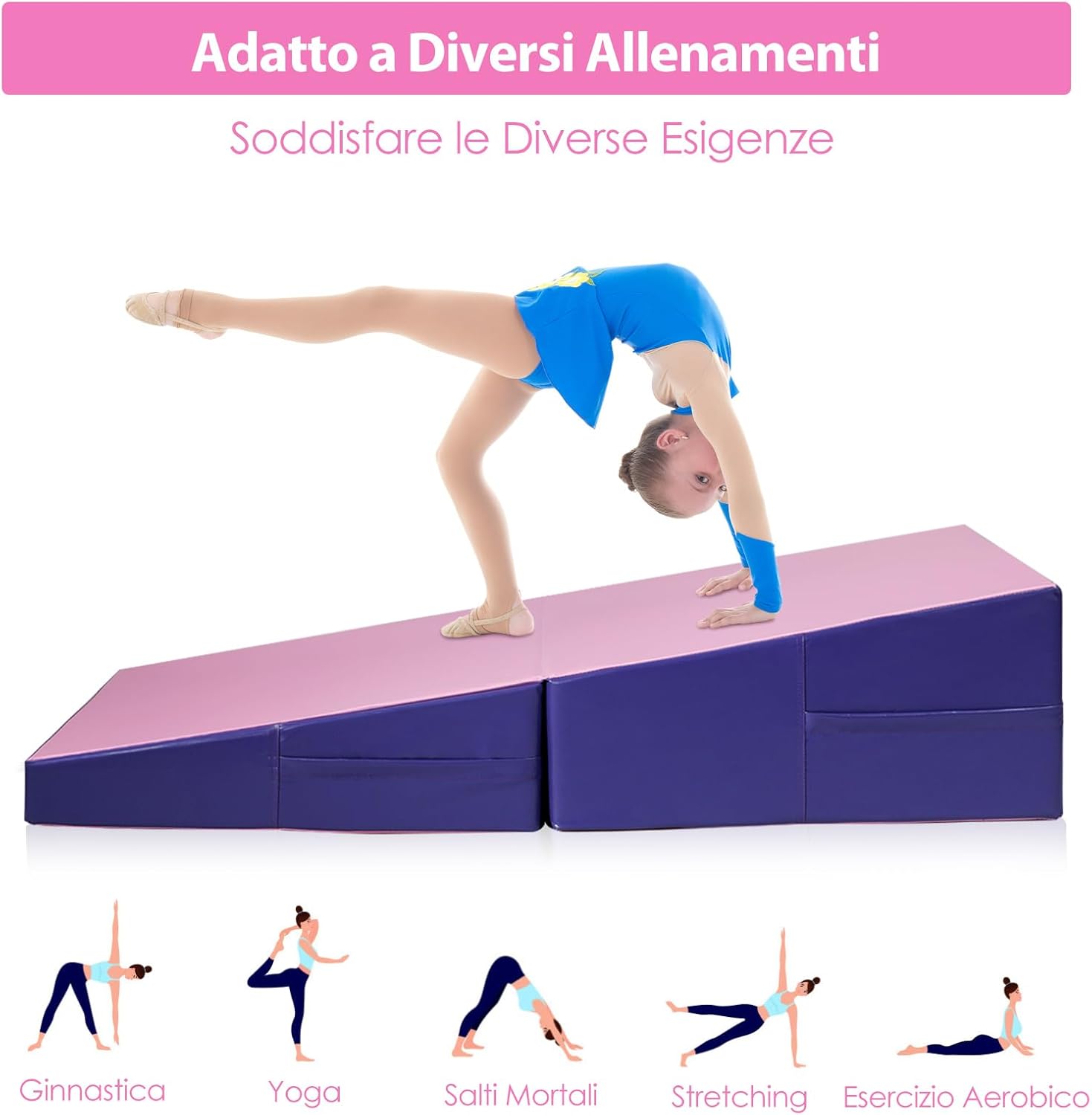 Materassino Ginnastica Inclinato, Tappetino Inclinato a Forma di Cuneo con Maniglia, Tappetino Ginnastica Pieghevole per Allenamenti a Casa Aerobica Fitness Palestra