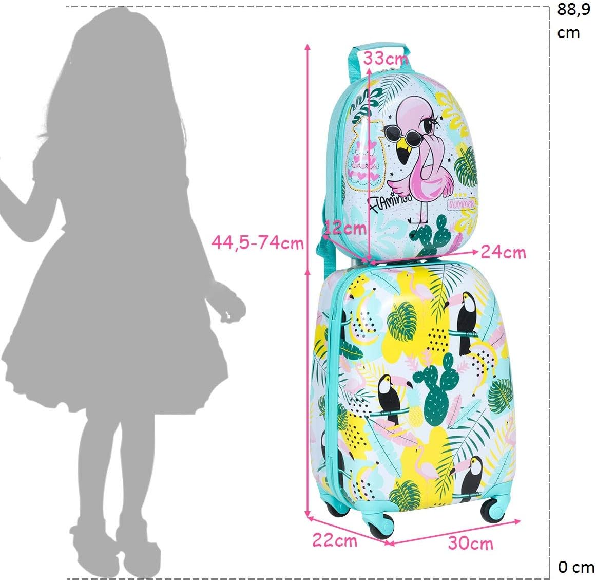 2 Pezzi Valigia per Bambini con Maniglia Retrattile + Zaino Bagaglio a Mano, Set Trolley Valigia per Bambini con Ruote Girevoli a 360 °