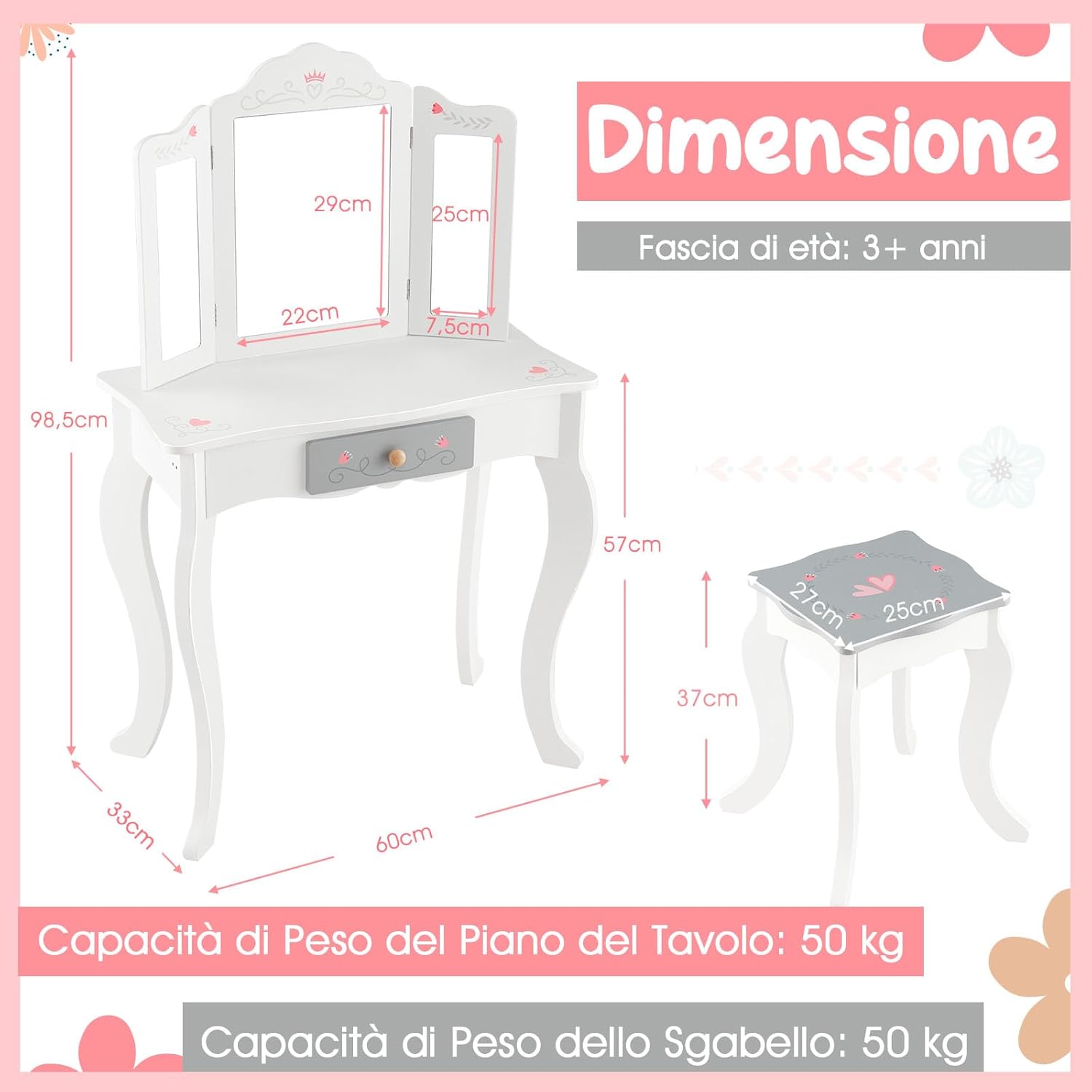 Toeletta Trucco 2 in 1 per Bambina, Specchiera Staccabile per Ragazza in Legno con Sgabello, Cassetto e Giocattoli, Postazione Trucco per 3 Anni, 50 x 34 x 93 cm, Bianco（Modello 2）