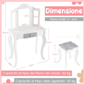 Toeletta Trucco 2 in 1 per Bambina, Specchiera Staccabile per Ragazza in Legno con Sgabello, Cassetto e Giocattoli, Postazione Trucco per 3 Anni, 50 x 34 x 93 cm, Bianco（Modello 2）