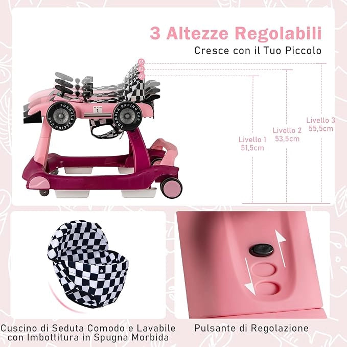 Girello per Bambini 4 in 1, Girello Pieghevole con Altezza e Velocità Regolabili, Carillon con Luci, Volante e Sedile, Primi Passi per Bambini 6-18 Mesi, Portata 15 kg (Viola)