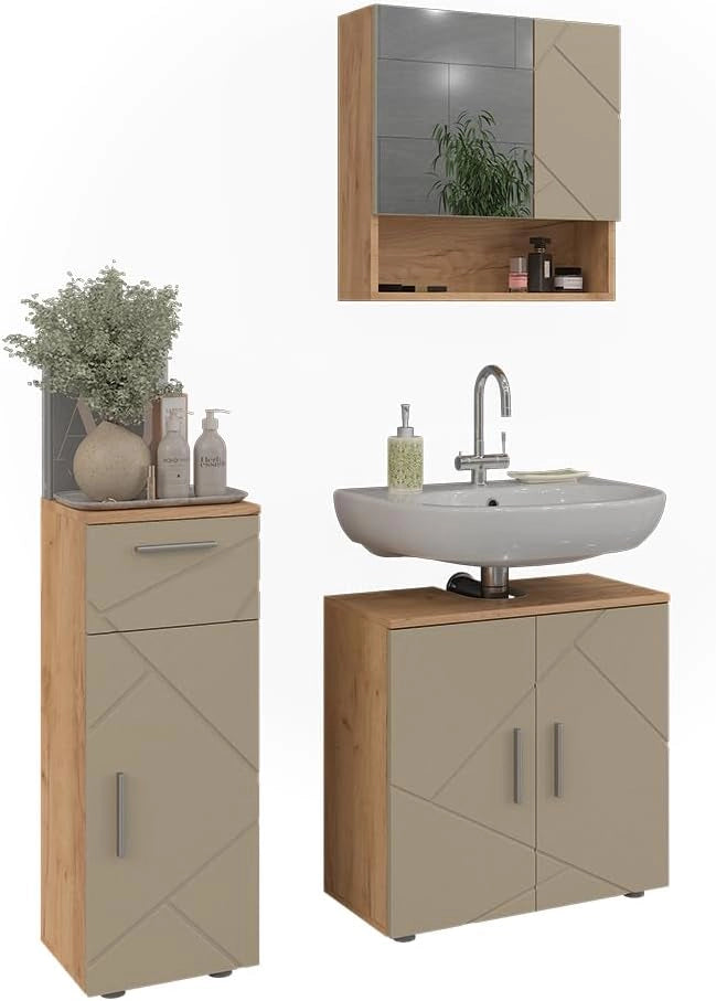 Set di mobili da bagno Irma, Beige, 60 cm, composto da mobile sottolavabo, specchiera e mobile medio