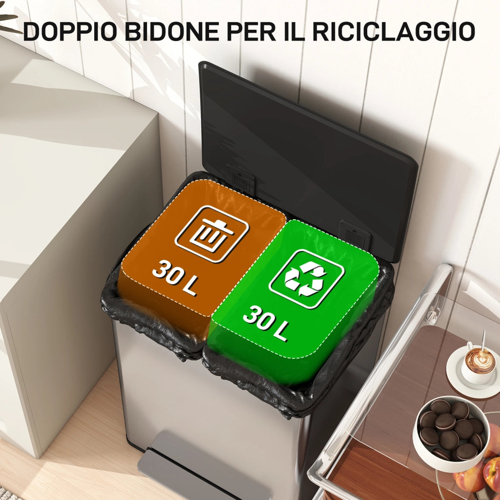 Pattumiera a Pedale con 2 Scomparti da 30L. Coperchio Ammortizzato e Secchi Rimovibili. Acciaio Inox. Argento