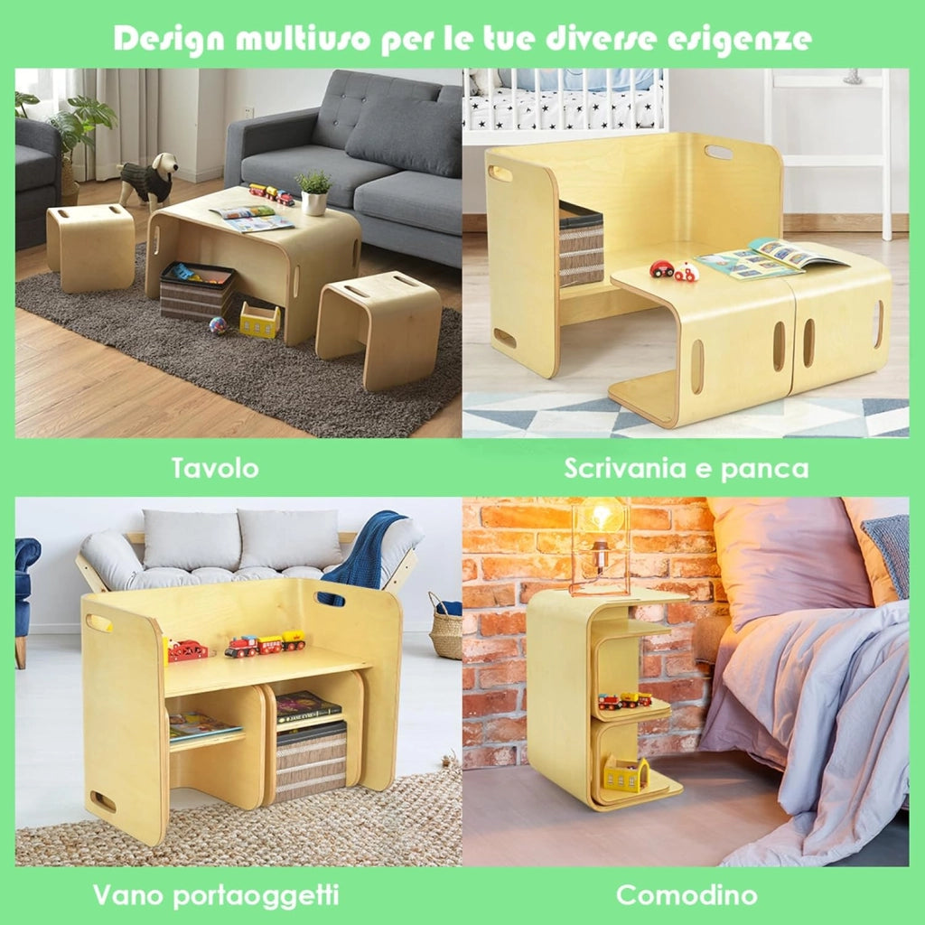 COSTWAY Set Tavolo e 2 Sedie per Bambini 2-9 Anni, Set Multiuso in Legno di Faggio con Maniglie Ergonomiche, Design Salvaspazio, Senza Montaggio, Portata 100 kg (Naturale)