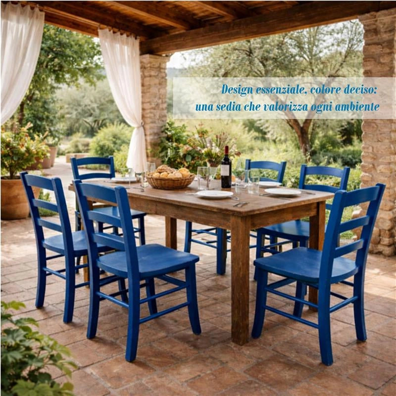 SET 4 SEDIE PAESANA IN LEGNO CON SEDUTA COMPATTA E SCHIENALE ALTO H 87 X L 45 X P 40 CM COLORE AZZURRO