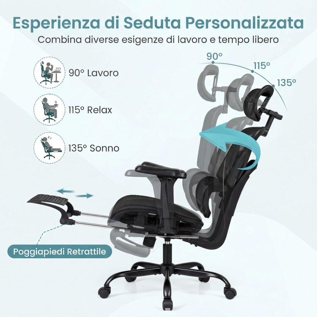 Sedia da Ufficio Ergonomica, con Poggiapiedi e Poggiatesta | Poltrona Scrivania con Schienale e Supporto Lombare, Braccioli 3D, Portata 136 kg