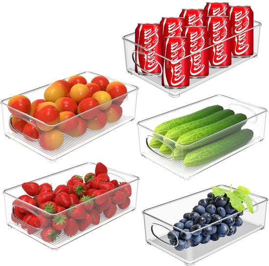 Organizzatore per frigorifero a 5 contenitori, Scatola di conservazione trasparente, Organizzatore per cucina sovrapposto con 5 specifiche, Contenitori di magazzinaggio per frigorifero/cucina/armadi.