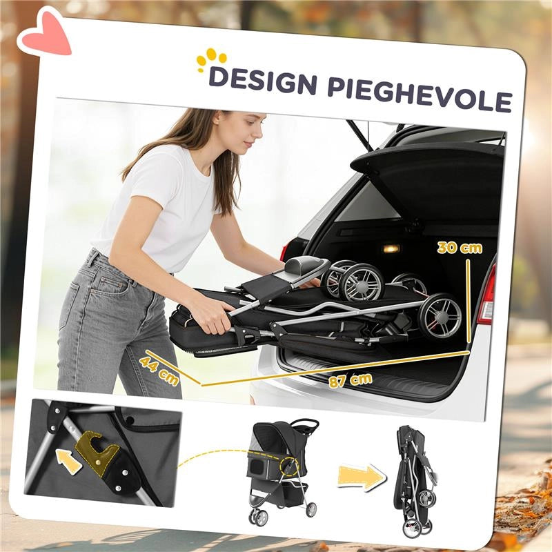 PASSEGGINO PER CANI PIEGHEVOLE CON PORTABICCHIERI E CESTINO, 77X44X102 CM, GRIGIO CARBONE