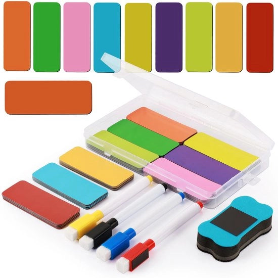 72 pezzi di strisce magnetiche con lavagne bianche e gomme per marker, pannelli magnetici 80 x 30 mm per scrivere, 9 colori universali per frigorifero, armadi metallici, tavole e lavagna.