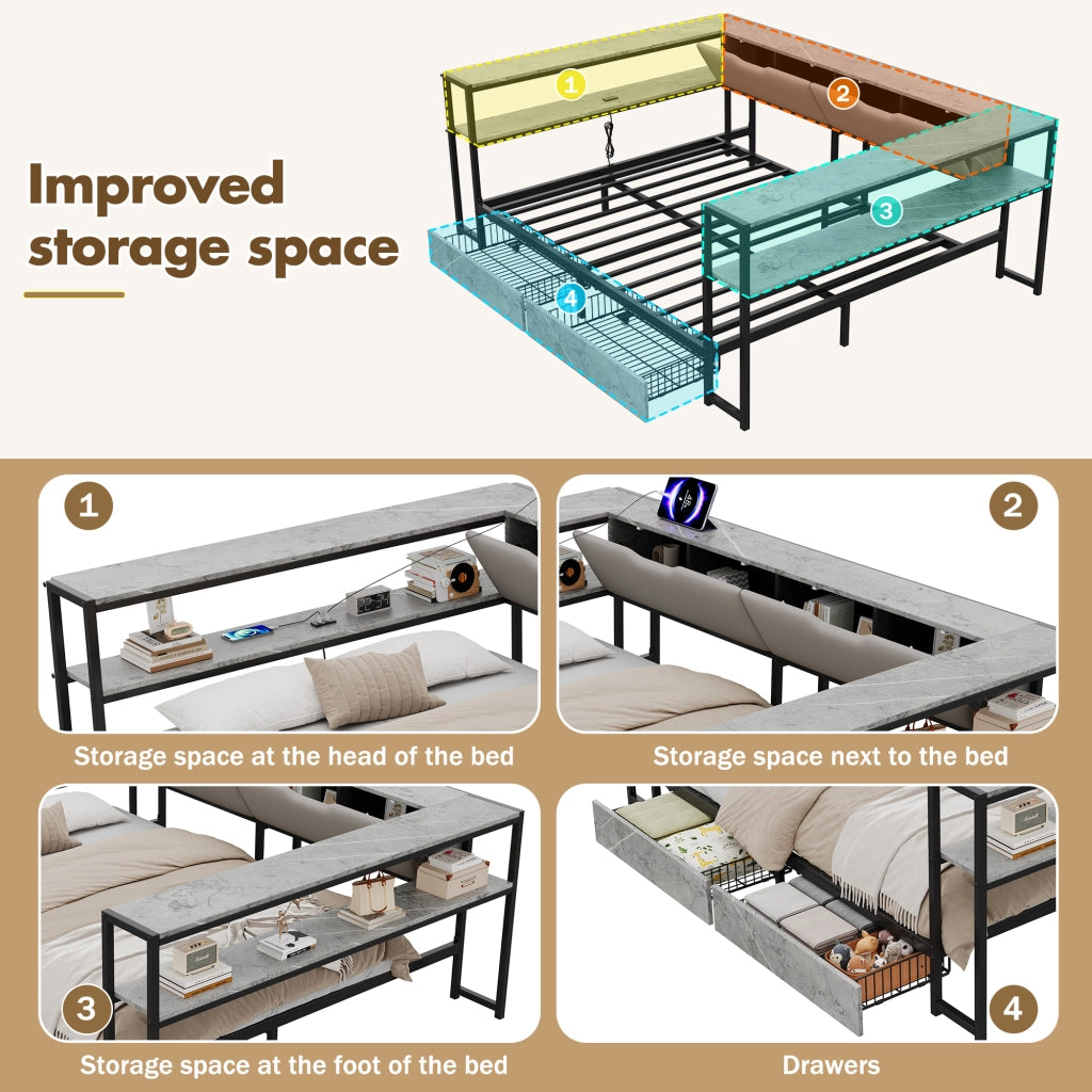 Letto divano matrimoniale 140 × 200 cm con 2 cassetti, 6 vani contenitore, USB e tipo C, senza materasso, grigio