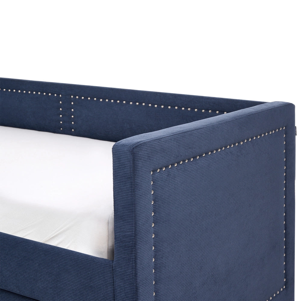 Letto da giorno estraibile velluto a coste blu marino 90 x 200 con rete a doghe e testiera con chiodini
