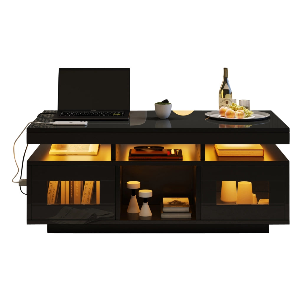 Tavolino da caffè nero lucido 100×50×43 cm con LED; presa UE; USB e mobiletto