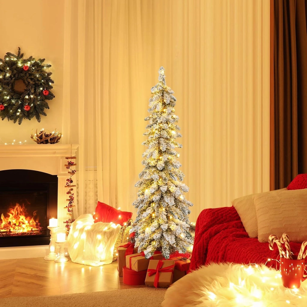 Albero di Natale Slim 120/150 CM, Albero di Natale Innevato con 225/334 Punte PVC, Timer, 100/150 Luci LED a 2 Colori e 11 Modalità di Illuminazione, Decorazione Natalizia Ideale (120 CM)