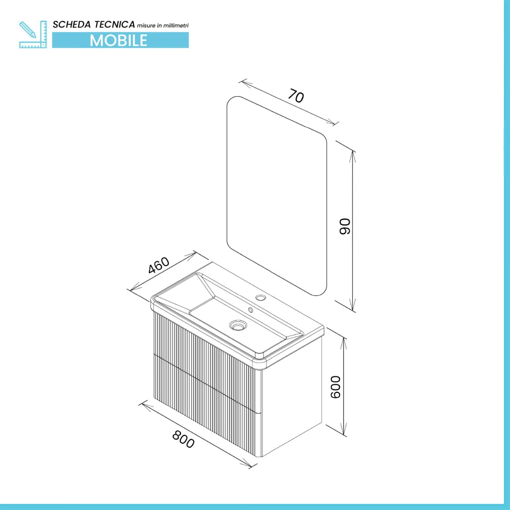 Mobile bagno sospeso 80cm antracite cannettato con cassetti, specchio e lavabo Mia