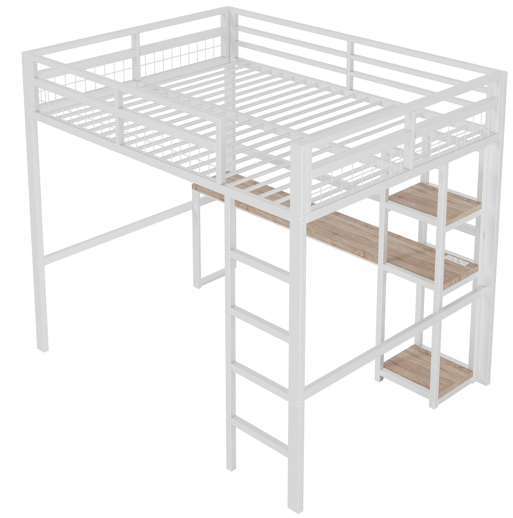 Letto a soppalco ULEVR 140x200 cm con scrivania, ripiani, presa USB e Type-C, metallo bianco