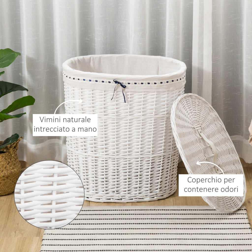 EasyComfort Cesto Portabiancheria in Vimini con Coperchio e Sacco Interno in Tessuto Lavabile, Bianco