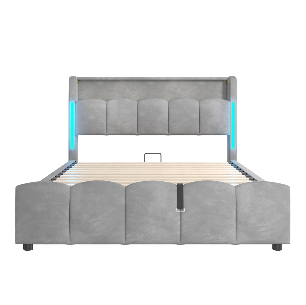 Letto imbottito ULEVR 140x200 cm con contenitore idraulico, LED, USB e Type-C, velluto grigio