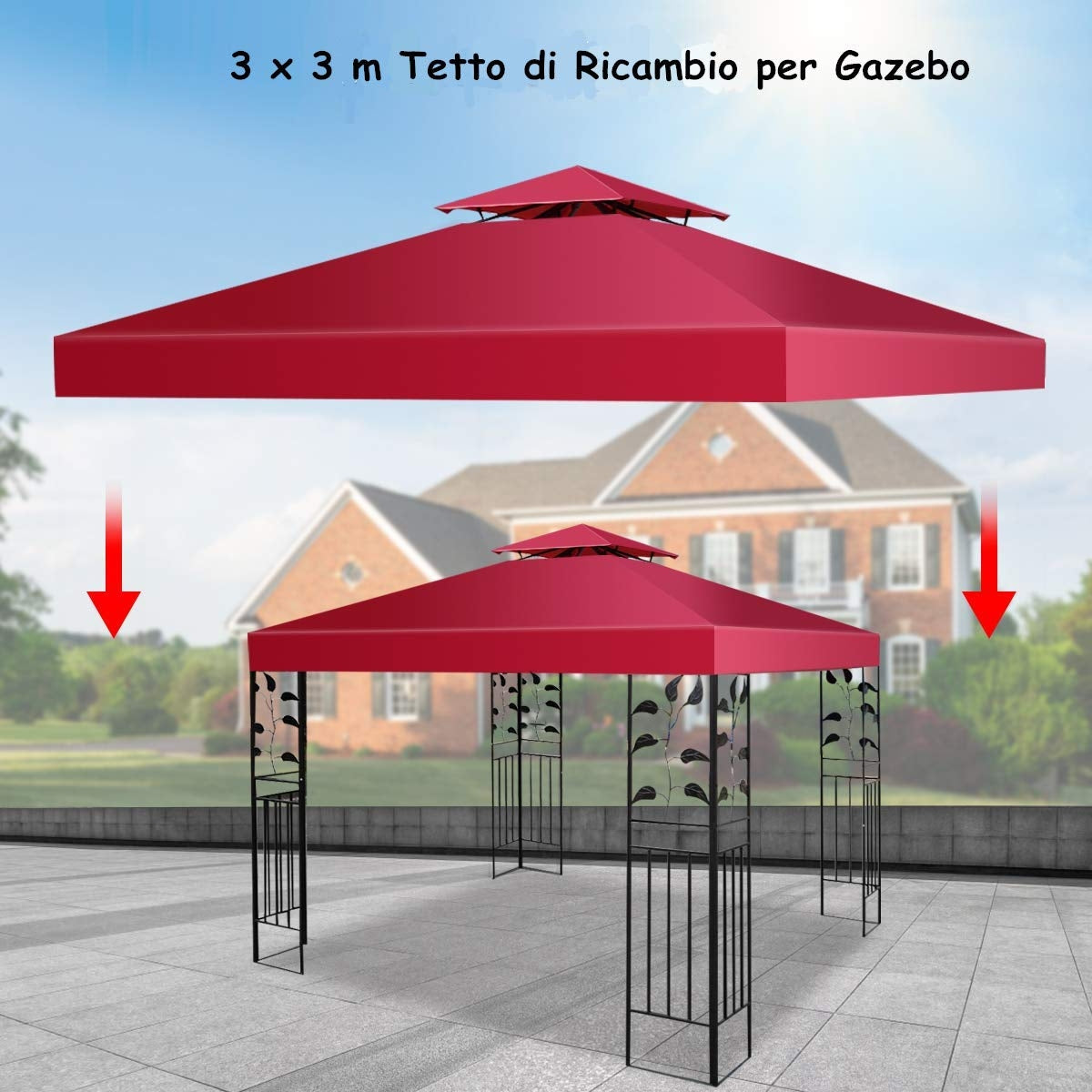 Tessuto copertura superiore per gazebo Telo tetto ricambio per gazebo 3x3M Rosso Bordeaux-Gazebo