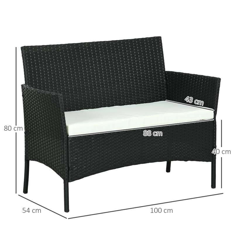 DIVANO DA GIARDINO A 2 POSTI CON CUSCINO E BRACCIOLI IN RATTAN PE E ACCIAIO, 100X54X80CM, NERO