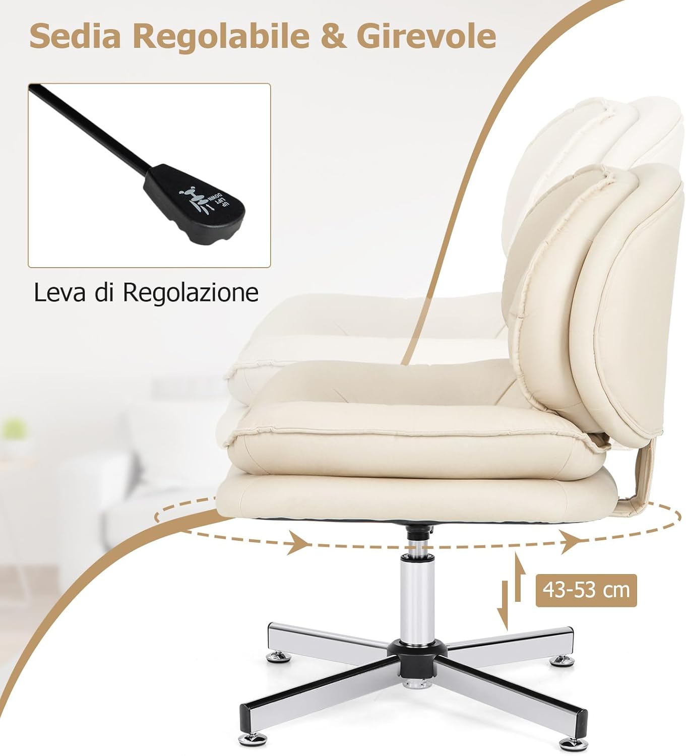 Sedia da Ufficio a Casa, Sedia Scrivania con Schiena Doppiamente Riempita & Seduta, Sedia Girevole e Regolabile, Base Metallica a Crociera, Portata 150 kg, per Salotto, Studio, Ufficio