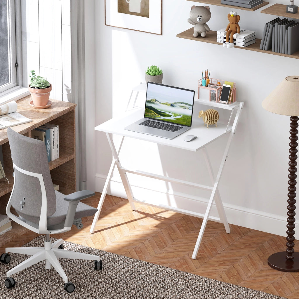 Scrivania Pieghevole con Ripiano per Monitor, 81.5x62x86.5 cm, Bianco